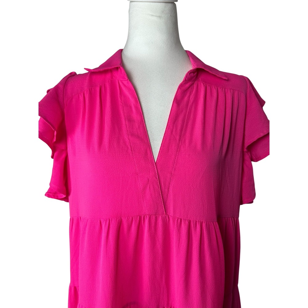 Umgee Hot Pink Tiered Short Ruffle Sleeve Midi Dress Size Small - Picture 8 of 12